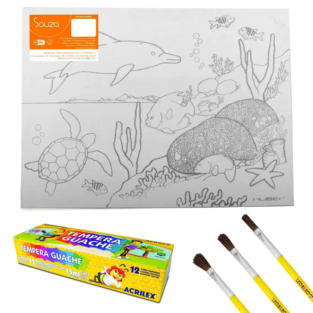 Presenteie seus filhos com nossos Kits de Telas de Pintura, completos com tinta  guache, pincel e manual de mistura de cores. Estimule a criatividade e  coordenação motora das crianças de maneira divertida