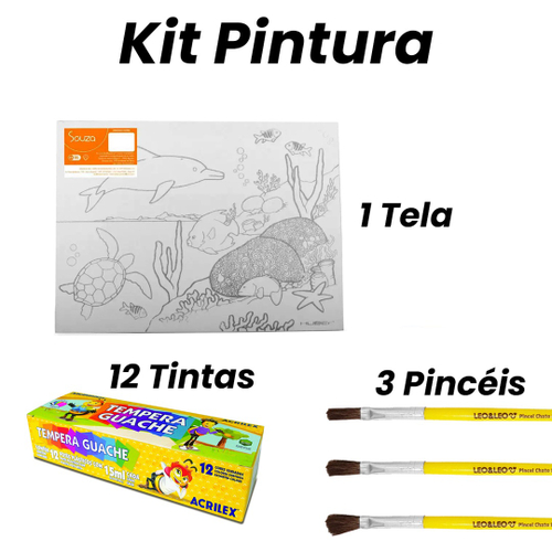 Presenteie seus filhos com nossos Kits de Telas de Pintura, completos com  tinta guache, pincel e manual de mistura de cores. Estimule a criatividade  e coordenação motora das crianças de maneira divertida