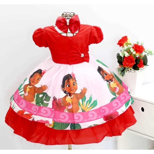 Vestido Infantil Moana Baby Rosa Temático Aniversário Rodado