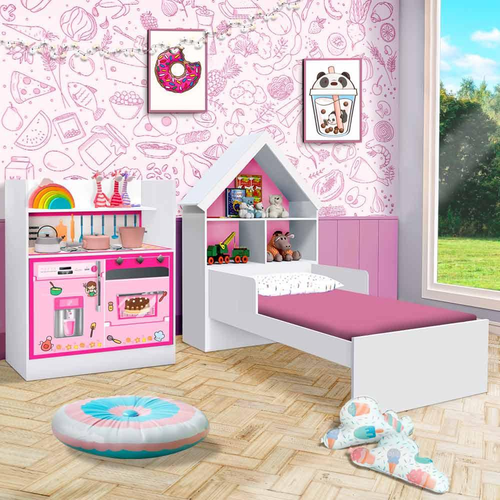 Mini cama Juvenil Infantil Gatinho Branca/Rosa - Móveis Bela