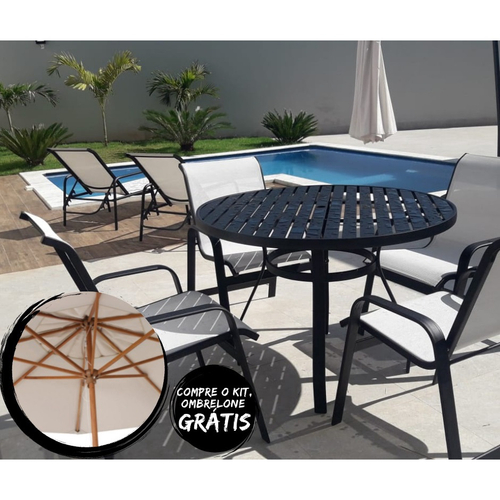 Conjunto Lótus com mesa ripada + 4 Poltronas + Ombrelone e base - Sarah  Móveis