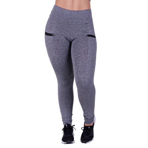 Calça legging fitness montaria com bolso e cós largo mescla cinza