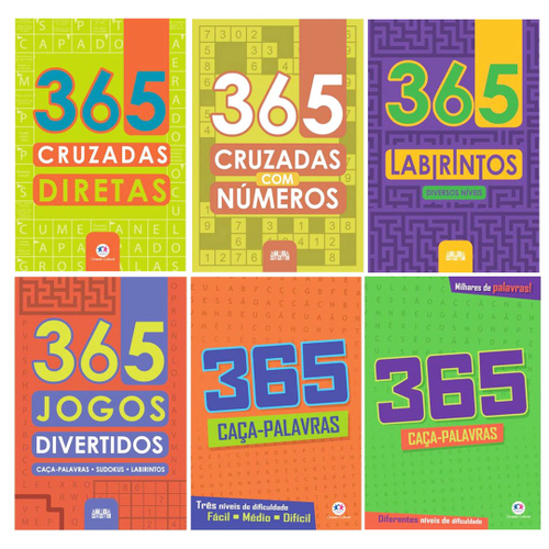 Kit 5 Livros, 365 Palavras Cruzadas + Caça Palavras + Jogos Divertido +  Sudokus + Labirintos