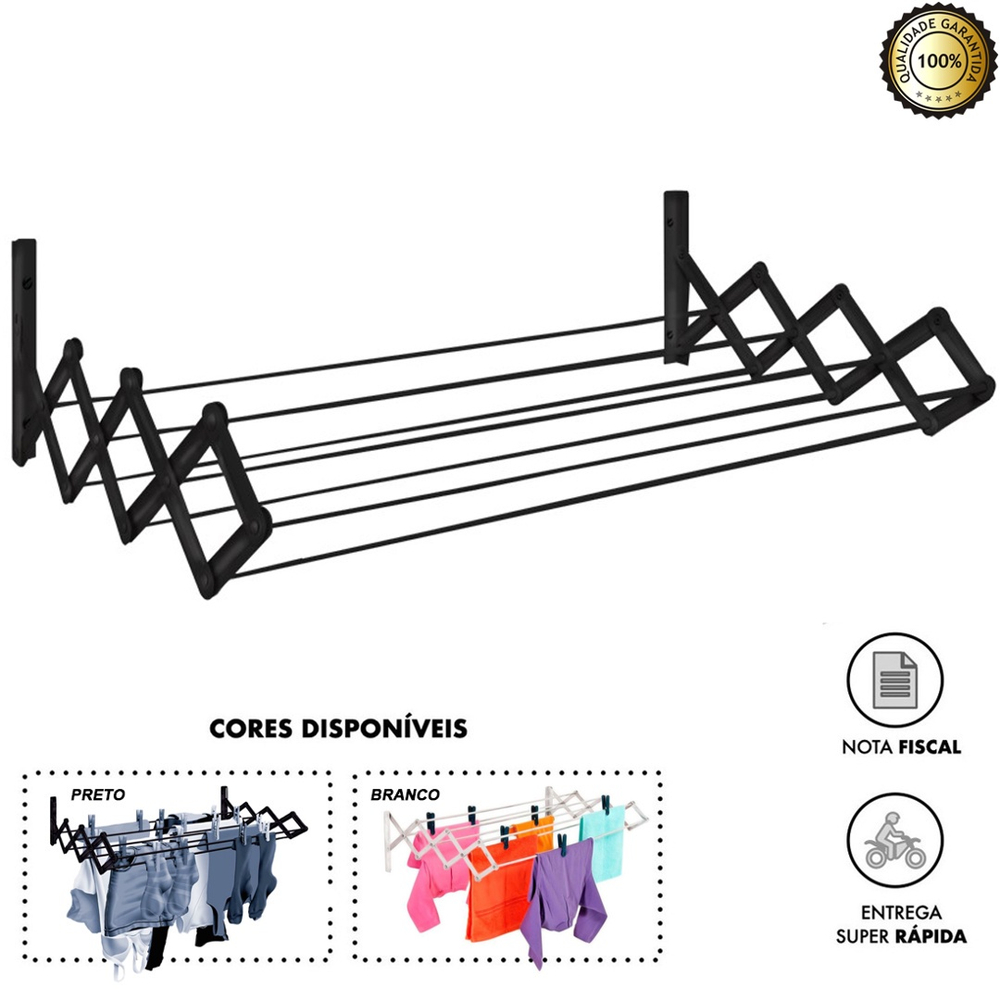 Varal Sanfonado Retrátil Parede 60 cm Aço Preto ou Branco no Shoptime