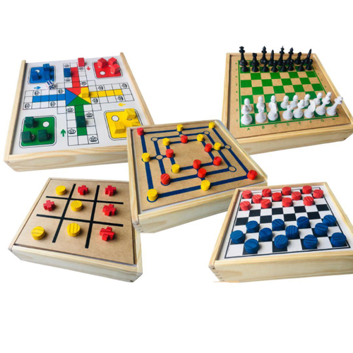 Conjunto 6x1 jogos tabuleiro xadrez damas trilha ludo junges