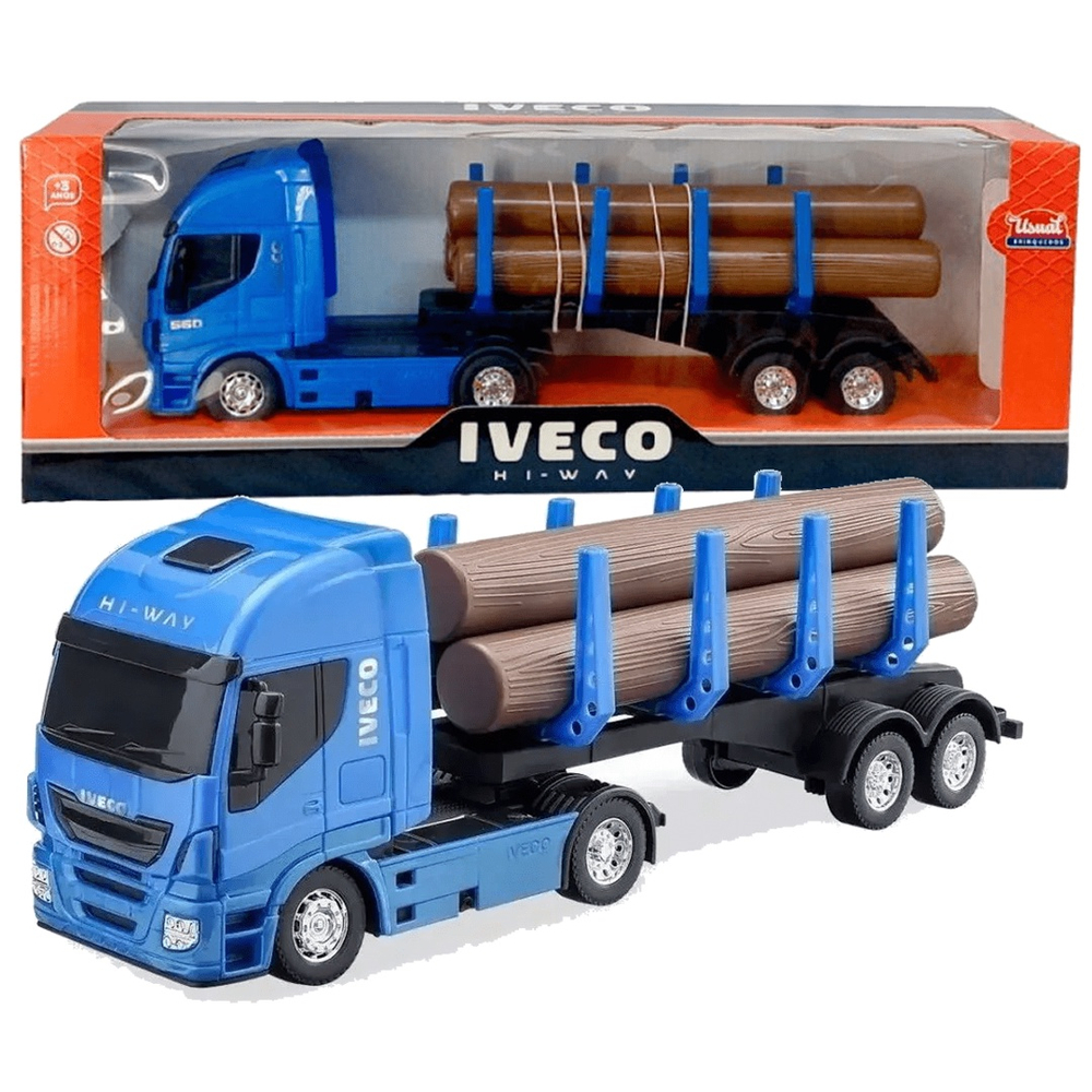 Caminhão de Brinquedo Iveco com Toras de Madeira 40cm Azul - Ri Happy