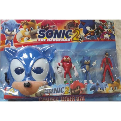 Kit com os três bonecos, Sonic com 30 cm e os menores com 20 cm.