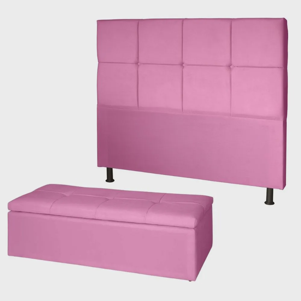 Kit Cabeceira Cama Box Solteiro Com Recamier Bau Damares 90 Cm Suede Rose Ruotolo Decor