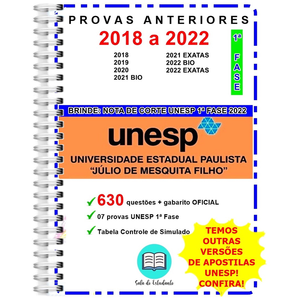 Apostila Unesp 1 Fase 630 Questões 2018 A 2022 + Gabarito Oficial Em ...