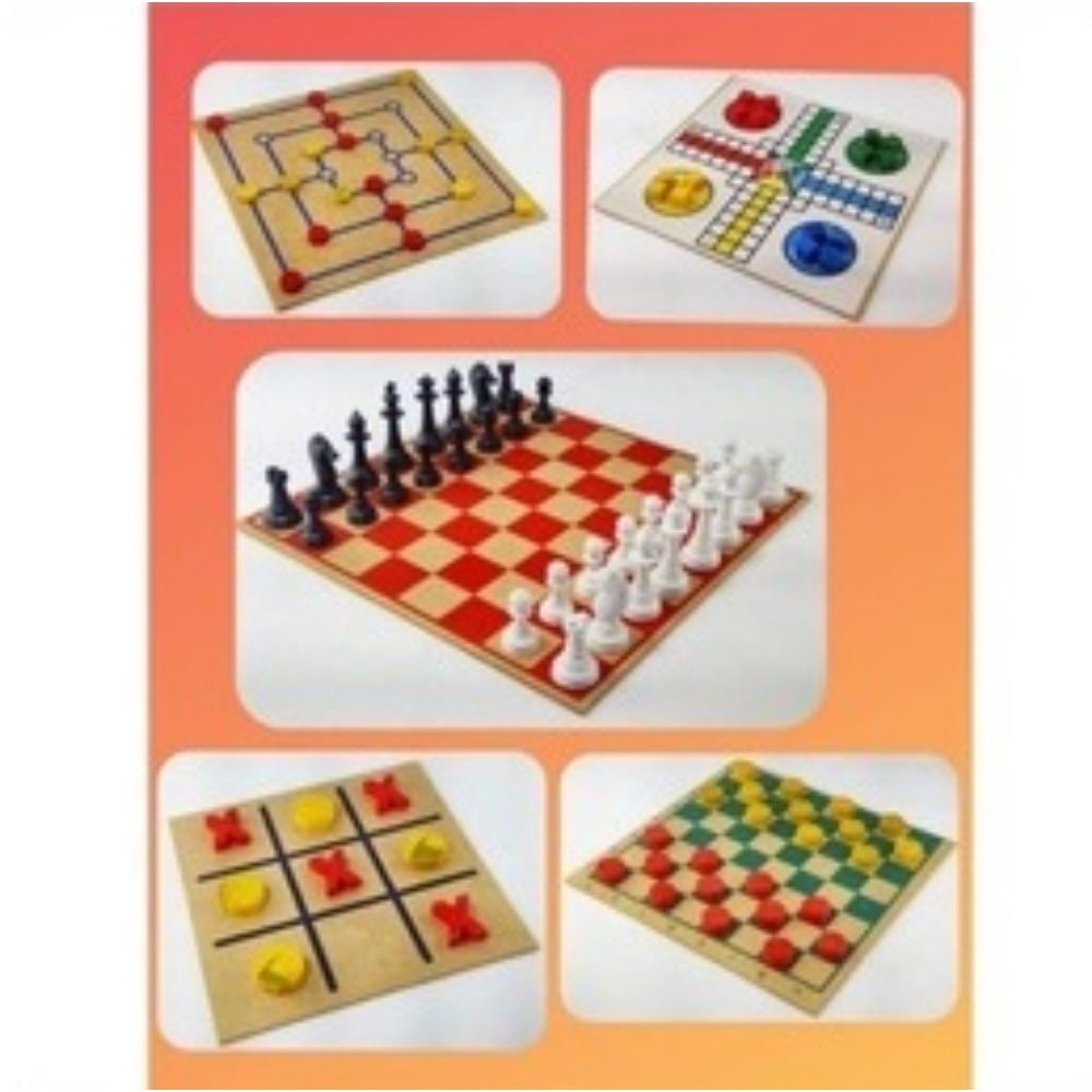 Conjunto jogos 5 em 1 dama jogo da velha ludo trilha xadrez em