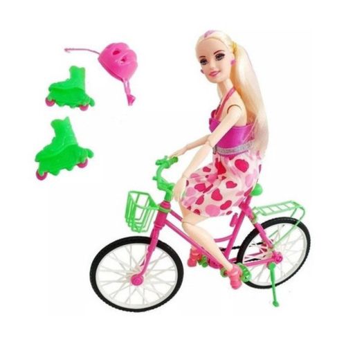 Boneca Barbie Ciclista Articulada Com Patins Bicicleta