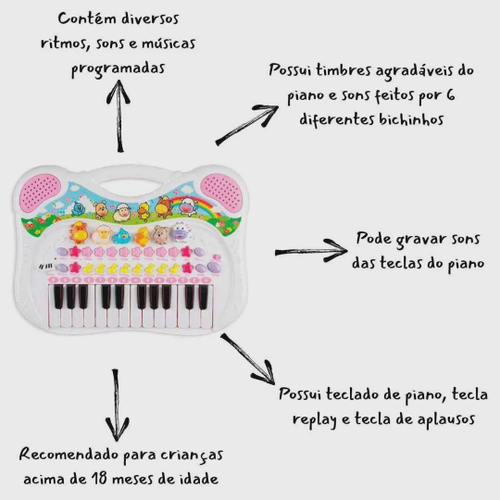 Piano Musical Infantil - Animais - Rosa - 6408 - Braskit - Real Brinquedos