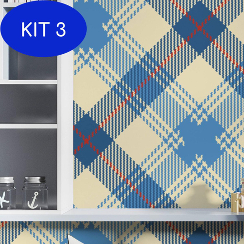 Kit 3 Papel De Parede Adesivo Xadrez Azul Linhas Quarto Sala no Shoptime