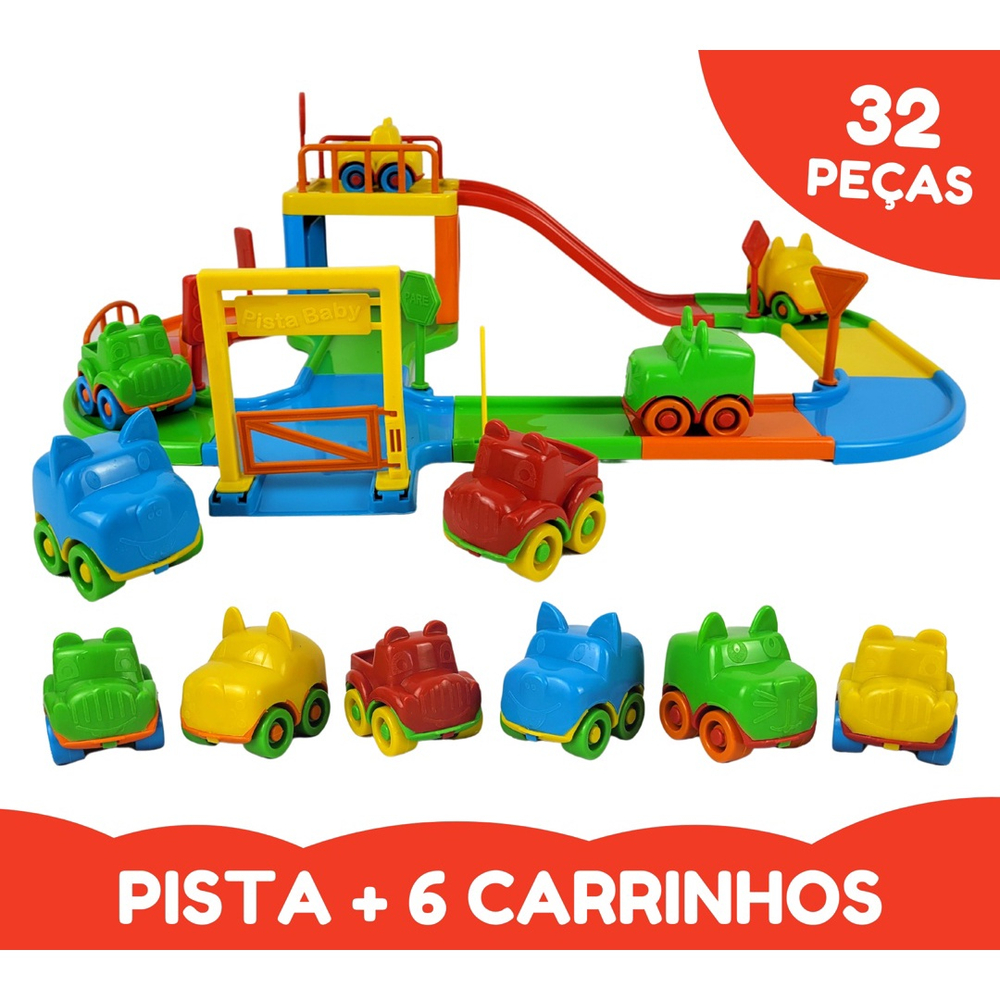 Pista De Carrinhos Infantil Pista Baby Animal + 6 Carrinhos