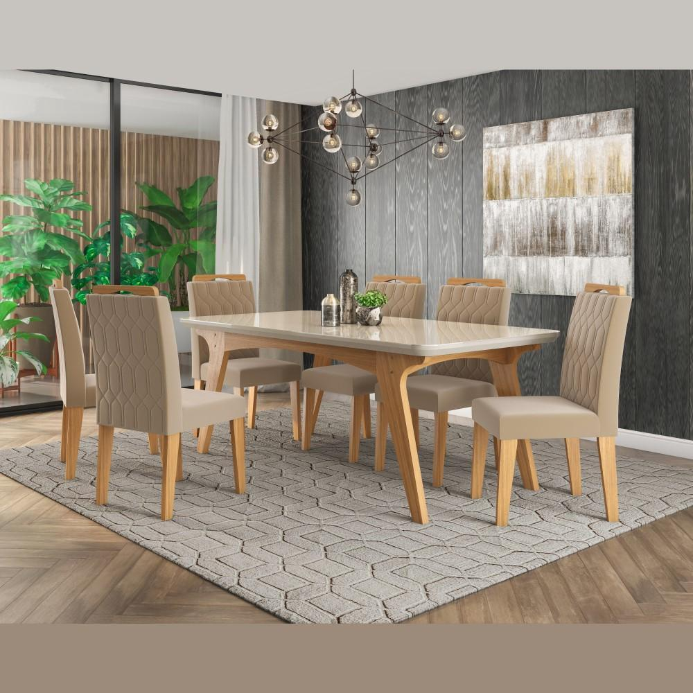 Conjunto Sala De Jantar Tampo Mdf/vidro 8 Cadeiras Nola Nature/off  White/marrom