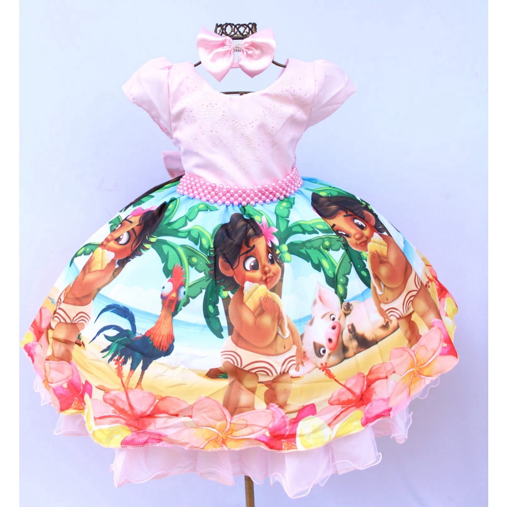 Vestido Infantil Menina Moana Adulta E Baby + Tiara em Promoção na