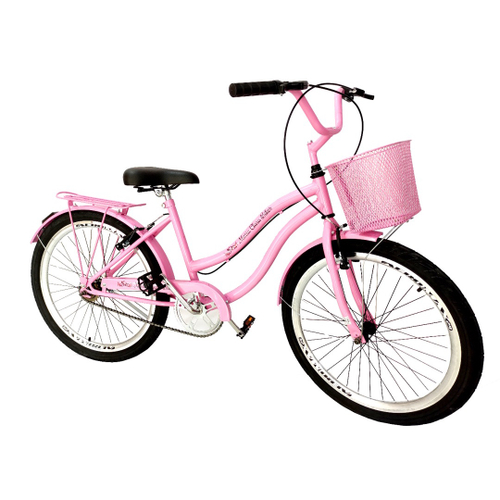 Bicicleta aro 24 feminina passeio s marchas com cesta rosa em