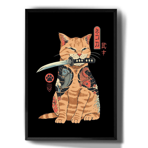 Gato Ninja Oriental Samurai, Quadro com Moldura 33x24cm