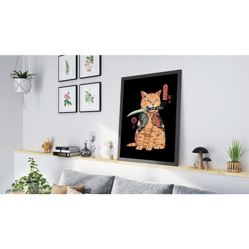 Gato Ninja Oriental Samurai, Quadro com Moldura 33x24cm