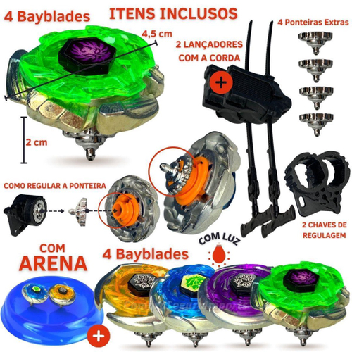 Kit 4 beyblades + Arena peão infantil brinquedo criança