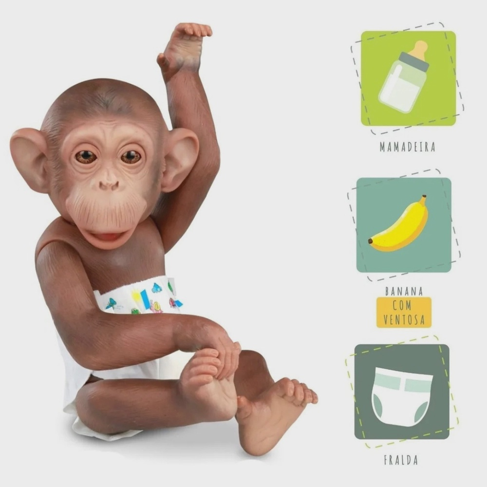 Boneco Macaco Bebê Little Caco Mamadeira Fralda E Banana OMG - Tem