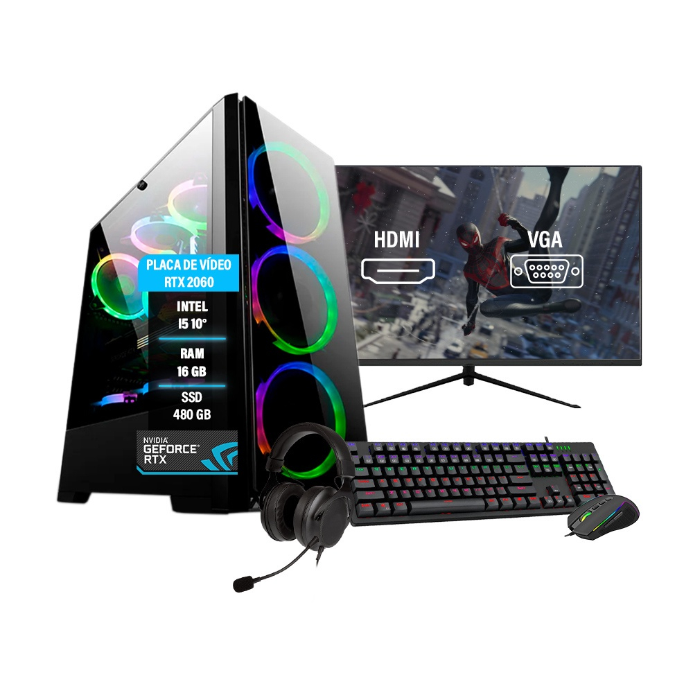 PC Gamer Completo Intel Core i5 Memoria Ram 16GB SSD 480GB Monitor HDMI 20  Polegadas Kit Gamer