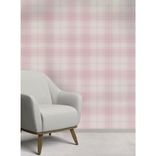 Papel De Parede Adesivo Xadrez Cinza Contorno Rosa - 12M em