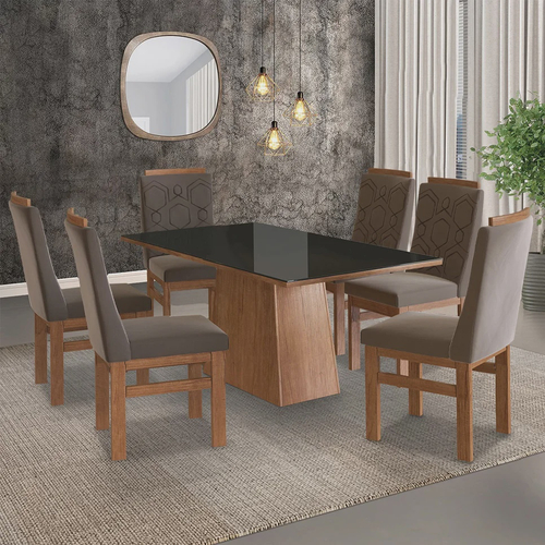 Conjunto Mesa com Vidro Pés Madeira Maciça 6 Cadeiras Madeira