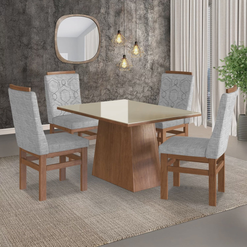 Conjunto com Mesa Tampo de Vidro 4 Cadeiras Pietra Aço Nobre