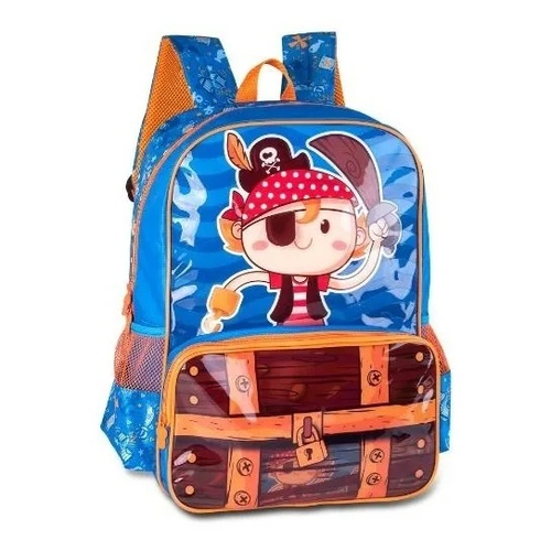 Mochila Pirata Infantil Escolar Piratinha Azul Menino C68 em