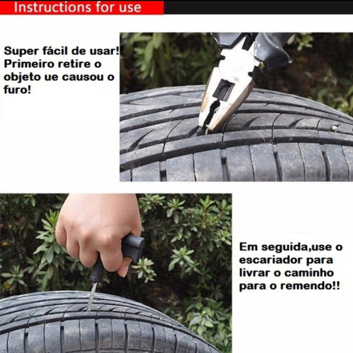 Kit concerto pneu sem câmara carro em moto reparo furo com remendo macarrão pneu furado em