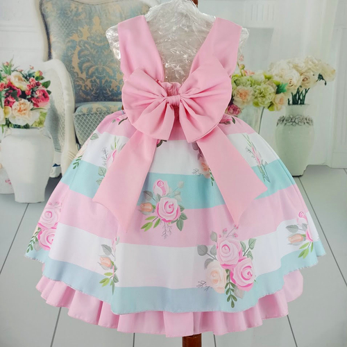 VESTIDO INFANTIL ROSA FLORAL PRINCESA LUXO FESTA ANIVERSÁRIO