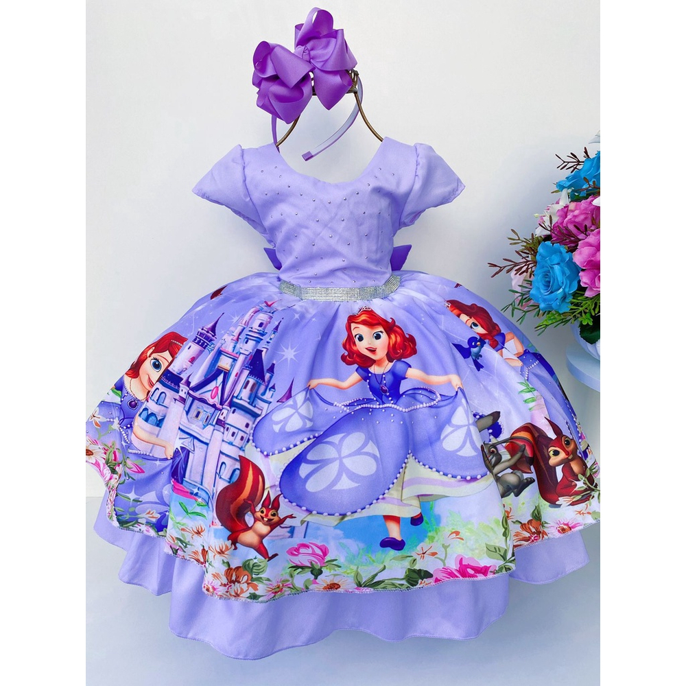 Vestido Infantil Lilás Lavanda Princesa Sofia Jasmine Ariel Tiara Luvas  Fantasia Carnaval Aniversário Temático Princesas Presente Menina Festa Luxo  Rodado