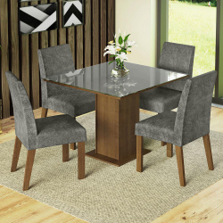Conjunto Sala de Jantar Mesa Tampo de Vidro 4 Cadeiras Rustic/Cinza/Silver Anne Madesa Menor preço em Conjunto Sala de Jantar Mesa Tampo de Vidro 4 Cadeiras Rustic/Cinza/Silver Anne Madesa