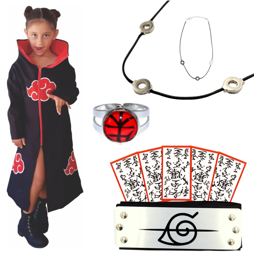 Kit Akatsuki C/ Manto Infantil + Colar Nuvem Vermelha + 8pçs