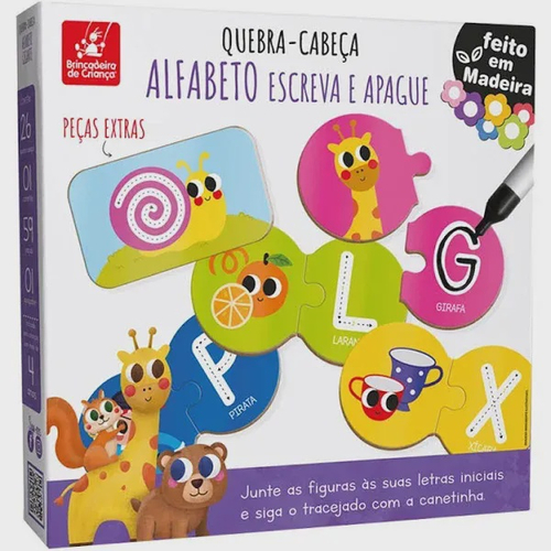 Quebra Cabeça Infantil 3D Madeira MDF Alfabeto 26 Peças Dog