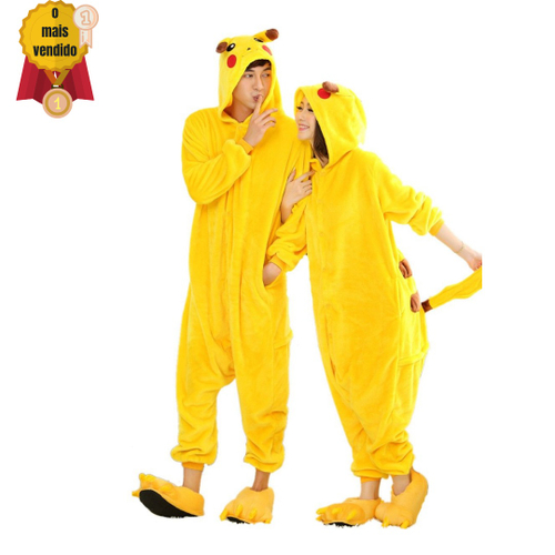 Kit Pijama com Pantufa Kigurumi Fantasia Cosplay Pelúcia Confortável  Macacão com Capuz Pikachu Amarelo