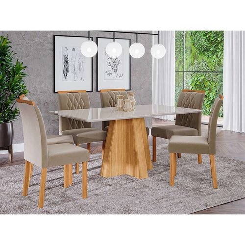 Conjunto Sala de Jantar Mesa Charlote 180x90 cm e 6 Cadeiras Fernanda Off  White/Nature/Madeira/Joli