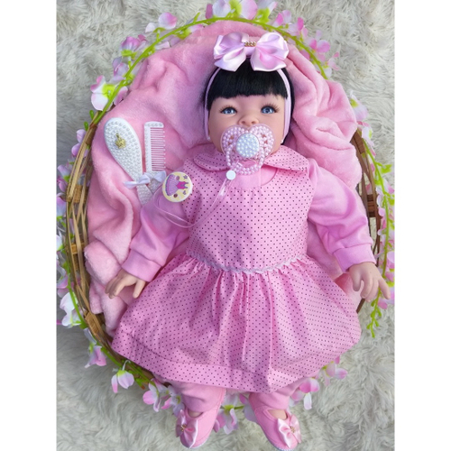 Boneca Bebe Reborn Morena Laura 53 cm com Canguru Sapatinhos e 13 Itens