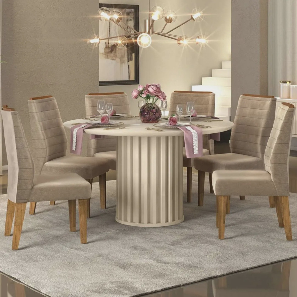 Conjunto Mesa de Jantar Neiva Redonda Vidro Creme e 6 Cadeiras Curvata  Linho Árido : Sala de Jantar - Sala de Jantar Completa : Julia Arns