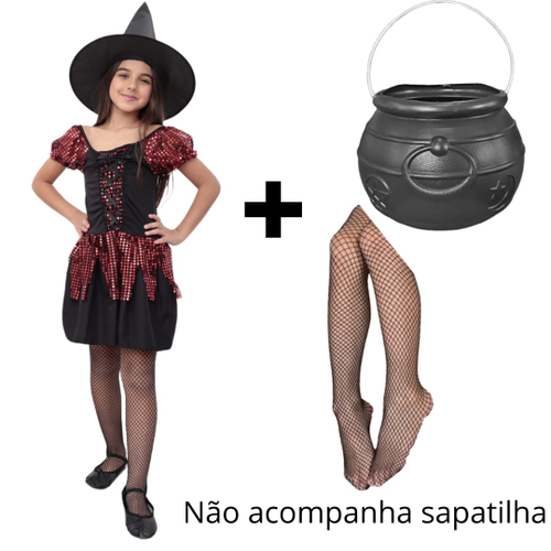 Fantasia Halloween Infantil Bruxinha Com Chapeu Vestido de Bruxa