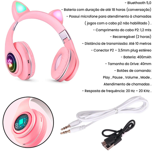 Fone Ouvido Orelha Gatinho Gata Bluetooth Sem Fio Infantil em Promoção na  Americanas