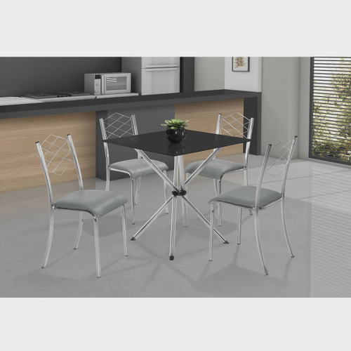 Conjunto com Mesa Tampo de Vidro 4 Cadeiras Pietra Aço Nobre