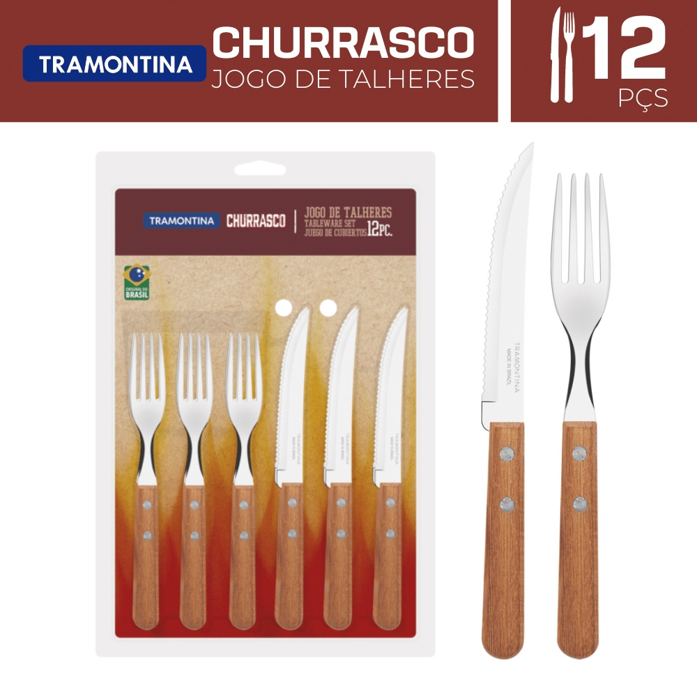 Kit Churrasco Garfo Grande Longo 2 Espetos Aço Madeira Carne no Shoptime