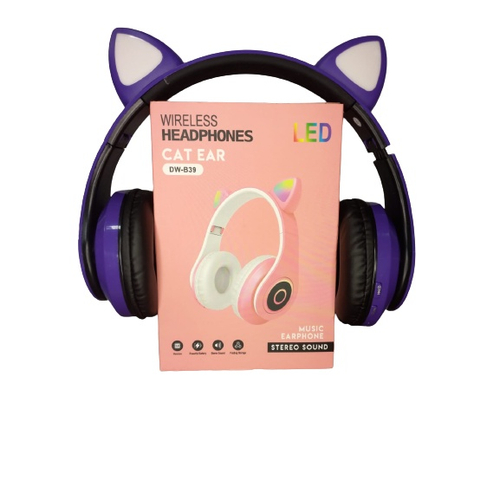 Fone de ouvido roxo com olhelha de gato