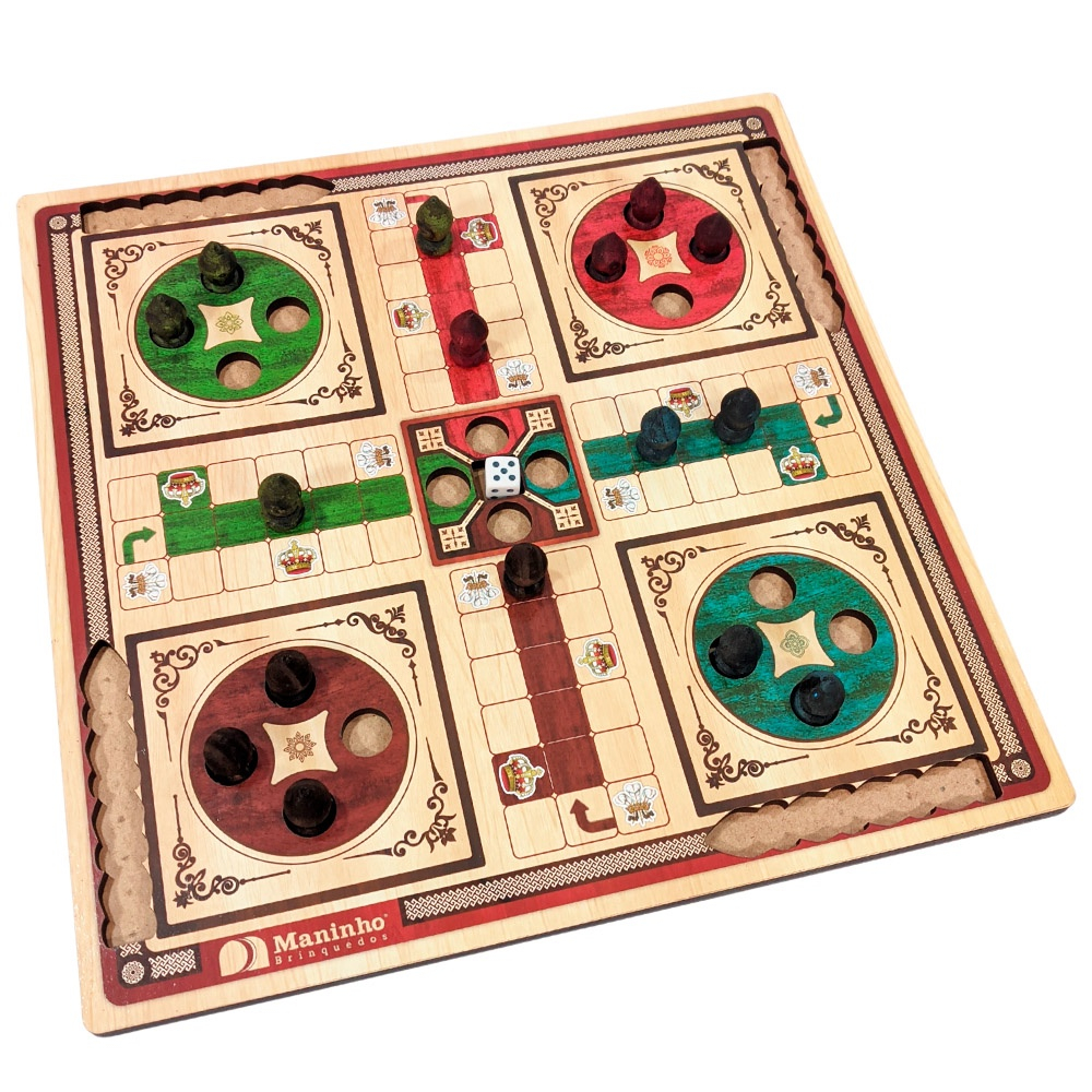 Jogo Ludo Com Tabuleiro De Madeira Mdf + 1 Dado E 16 Pinos