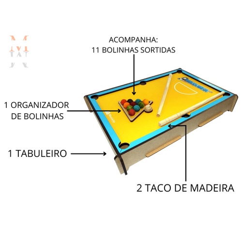 Jogo Mini Sinuca Brinquedo mdf 45cm 2 Tacos e 11 Bolinhas na