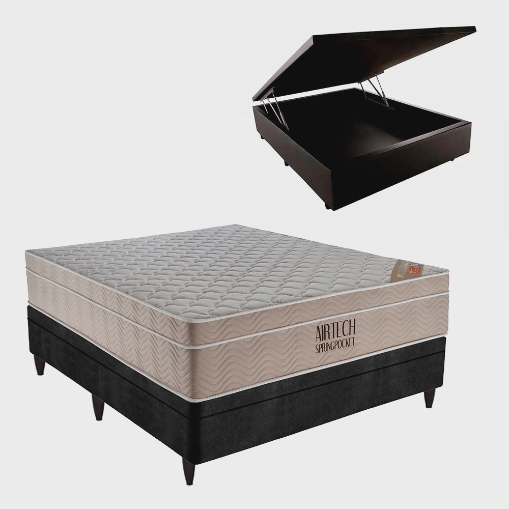 Cama Box Com Baú Casal + Colchão De Molas Ensacadas Airtech ...