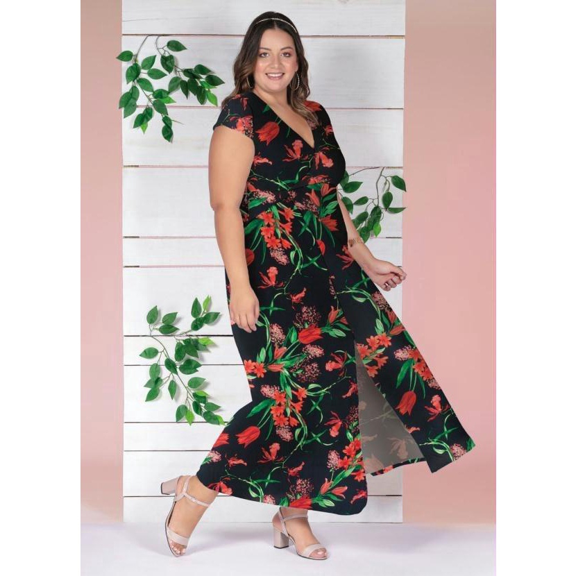 Vestido Longo Plus Size Transpassado e Fenda V rias Cores em