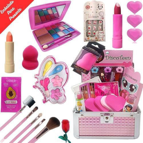 Kit de maquiagem infantil para meninas, conjunto completo de malas